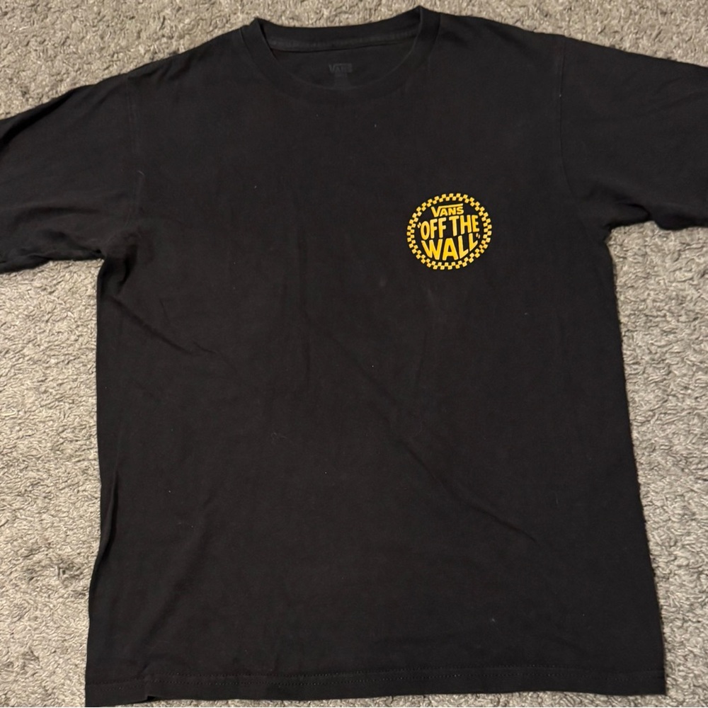 Black VANS Off The Wall‎ Black and Yellow Graphic Tee checkered back Size Small